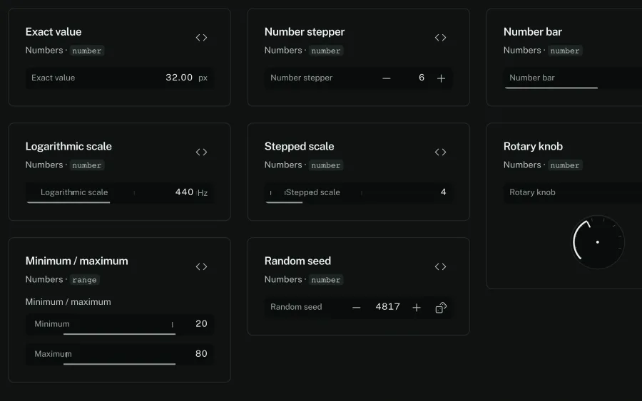 Controller cards: exact value, stepper, bar, logarithmic scale, stepped scale, rotary knob and a minimum/maximum range