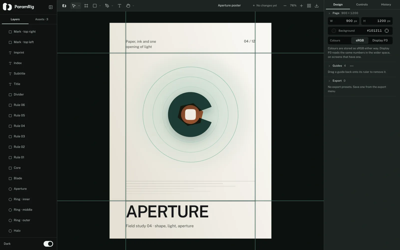 A poster open in the ParamRig vector editor, with its layer list, guides and inspector