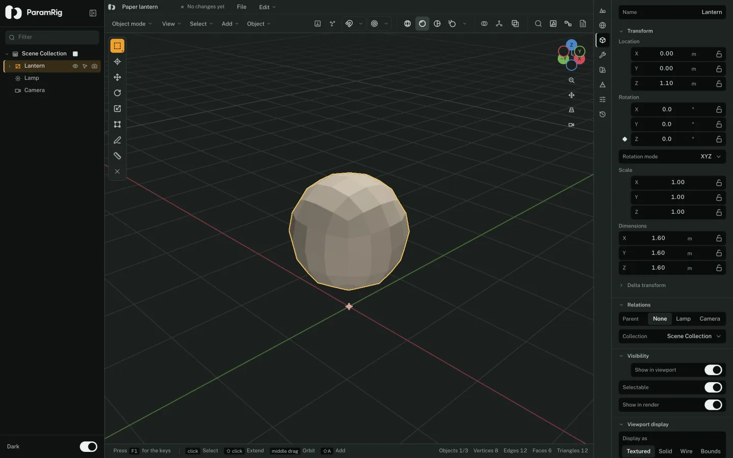 The ParamRig 3D editor with an outliner, a viewport containing a lantern, lamp and camera, and an object properties panel