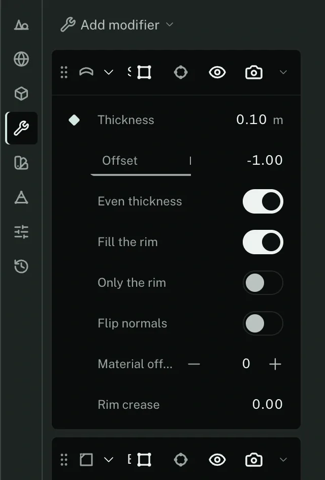 The shade's modifier stack: Solidify with thickness, offset, even thickness, rim options and material offset, then Bevel with its own parameters