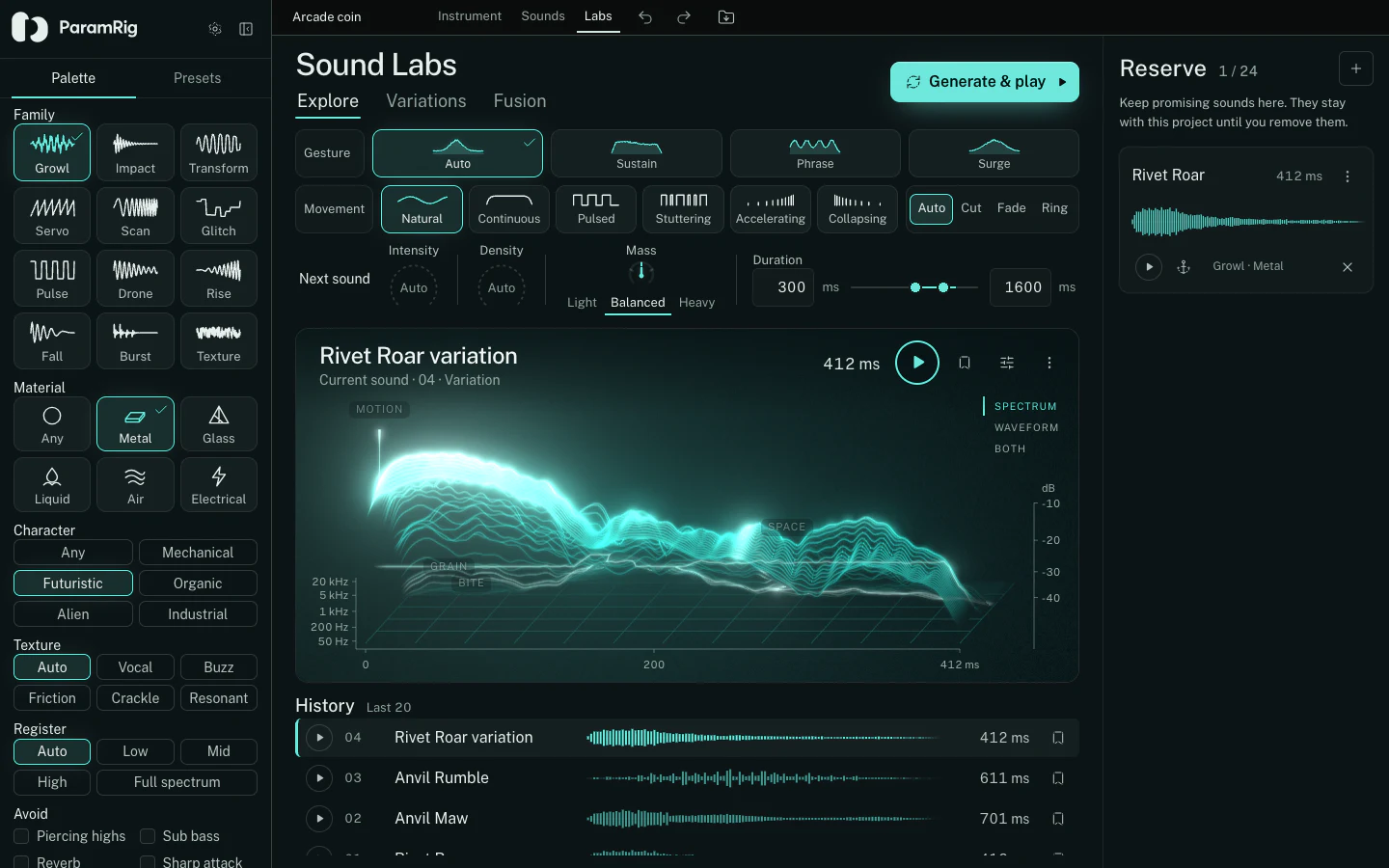 Sound Labs criteria, generated sound and spectral view