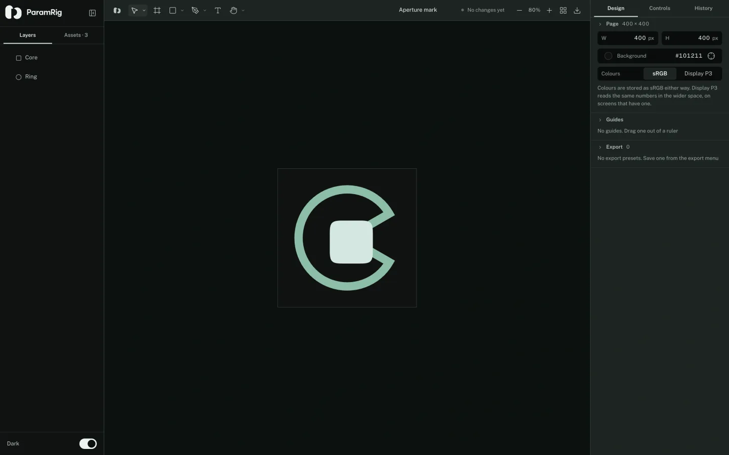 The ParamRig vector editor with a layer list, a mark on the canvas and the page, color and export panels