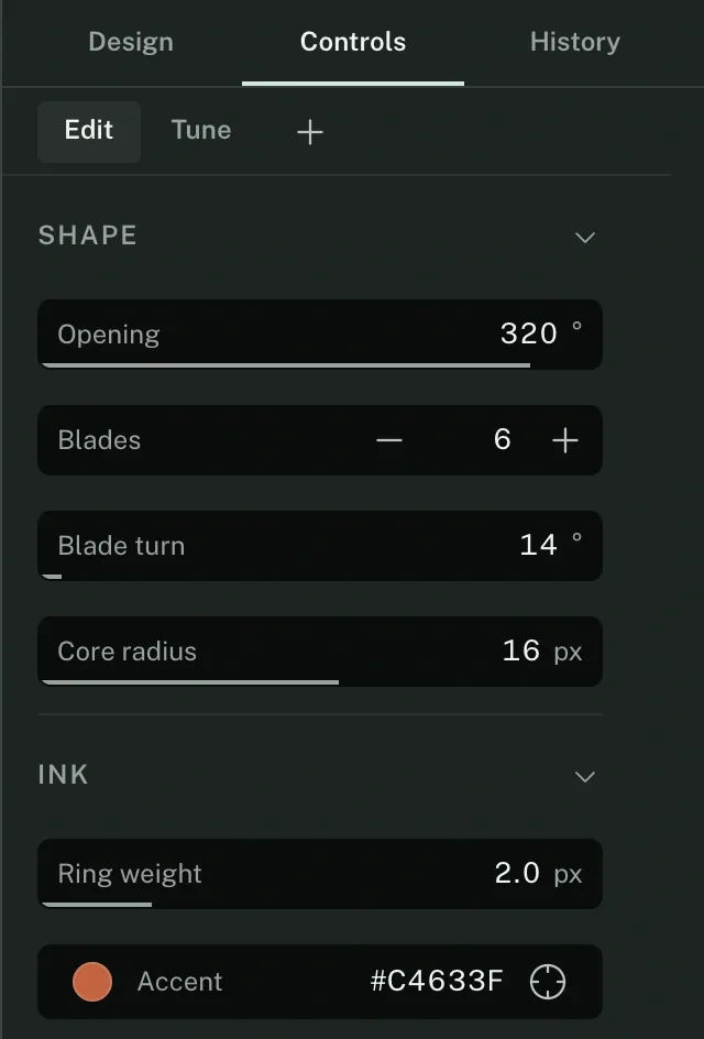 The Controls tab of the poster: shape, ink and type groups holding opening, blades, blade turn, core radius, ring weight, accent, title size and tracking, above a bindings count of eight