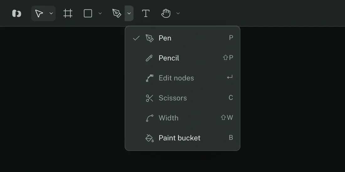 The draw-tools menu open on the toolbar, listing Pen, Pencil, Edit nodes, Scissors, Width and Paint bucket with their shortcuts